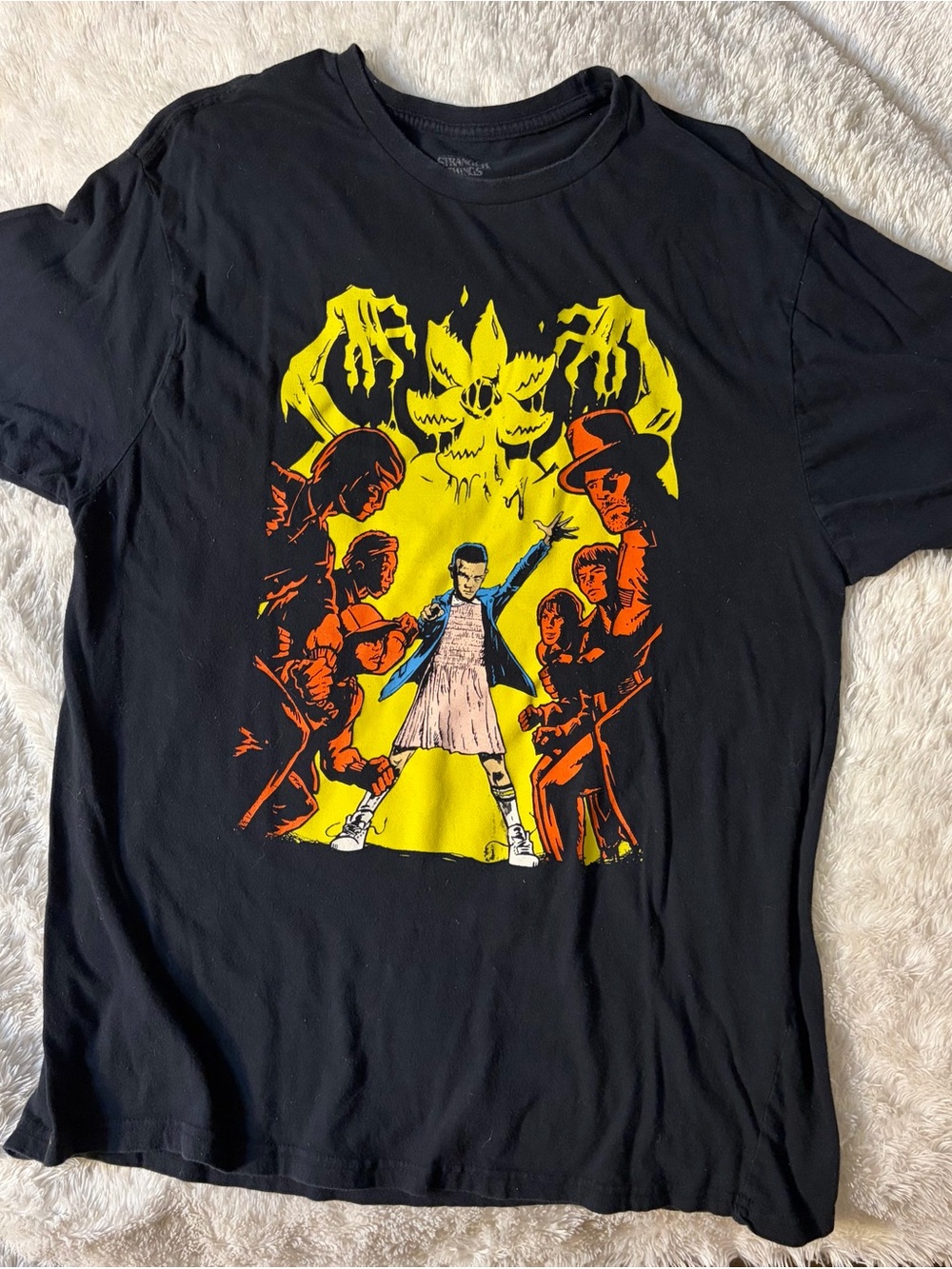 Black Graphic Short Sleeve Tee with Yellow & Orange Poster Art